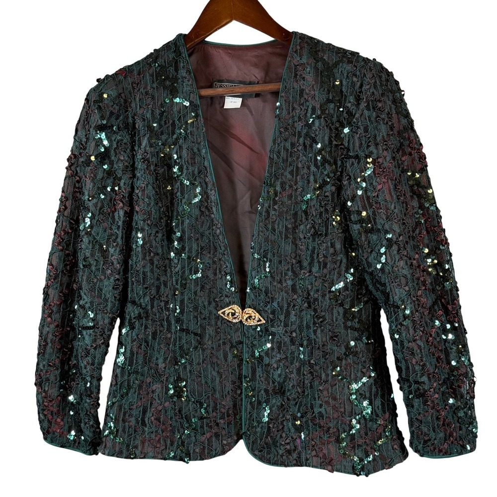 VTG Jessica Howard Sequin Ribbon Jacket Women 12 Green Burgundy Rhinestone USA